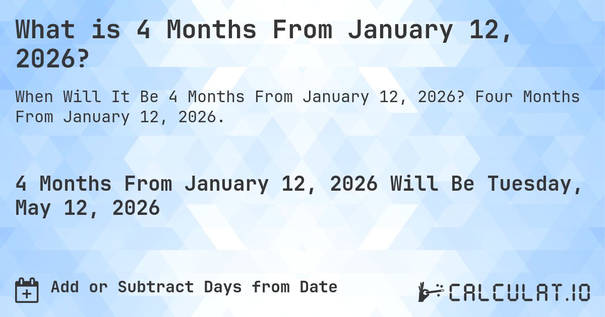 What is 4 Months From January 12, 2026?. Four Months From January 12, 2026.