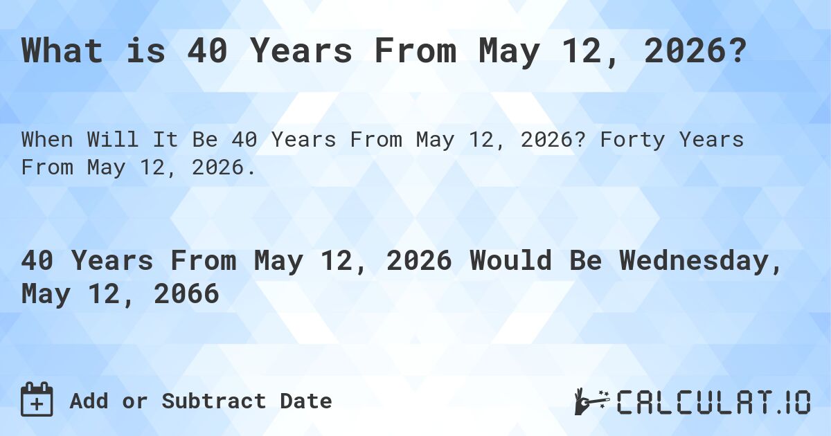 What is 40 Years From May 12, 2026?. Forty Years From May 12, 2026.