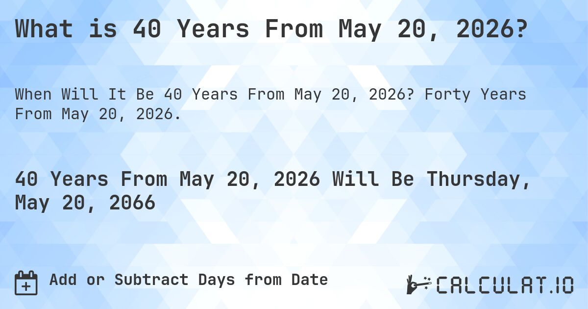 What is 40 Years From May 20, 2026?. Forty Years From May 20, 2026.