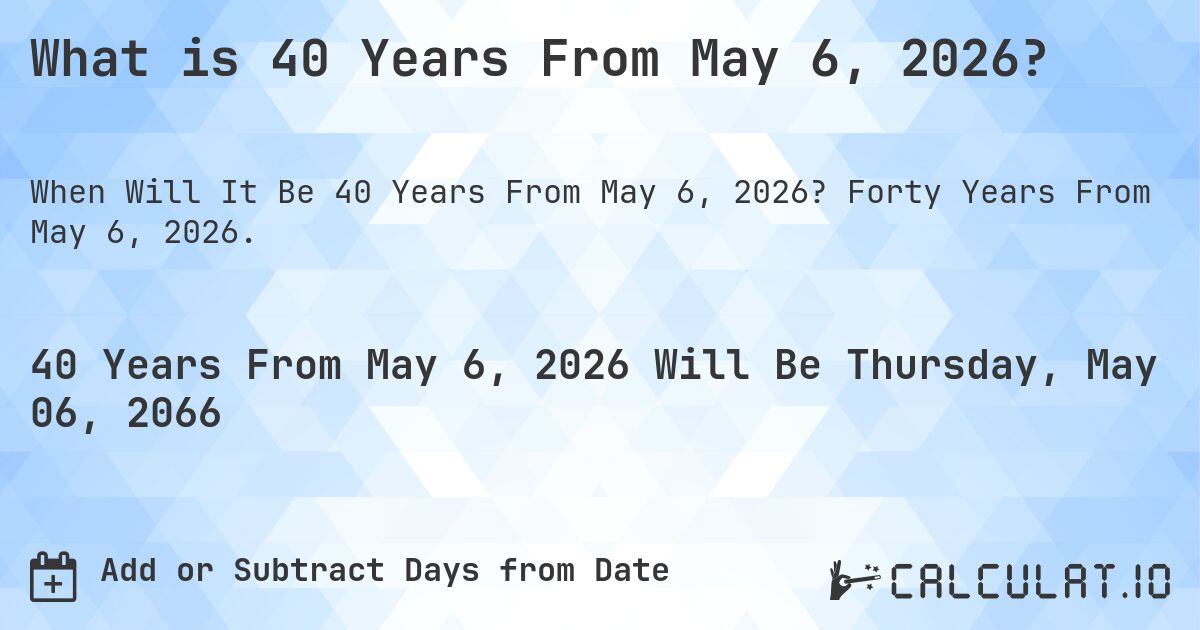 What is 40 Years From May 6, 2026?. Forty Years From May 6, 2026.