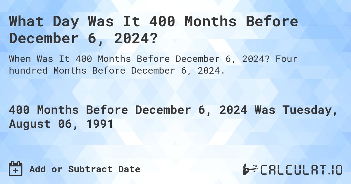 What Day Was It 400 Months Before December 6, 2024?. Four hundred Months Before December 6, 2024.