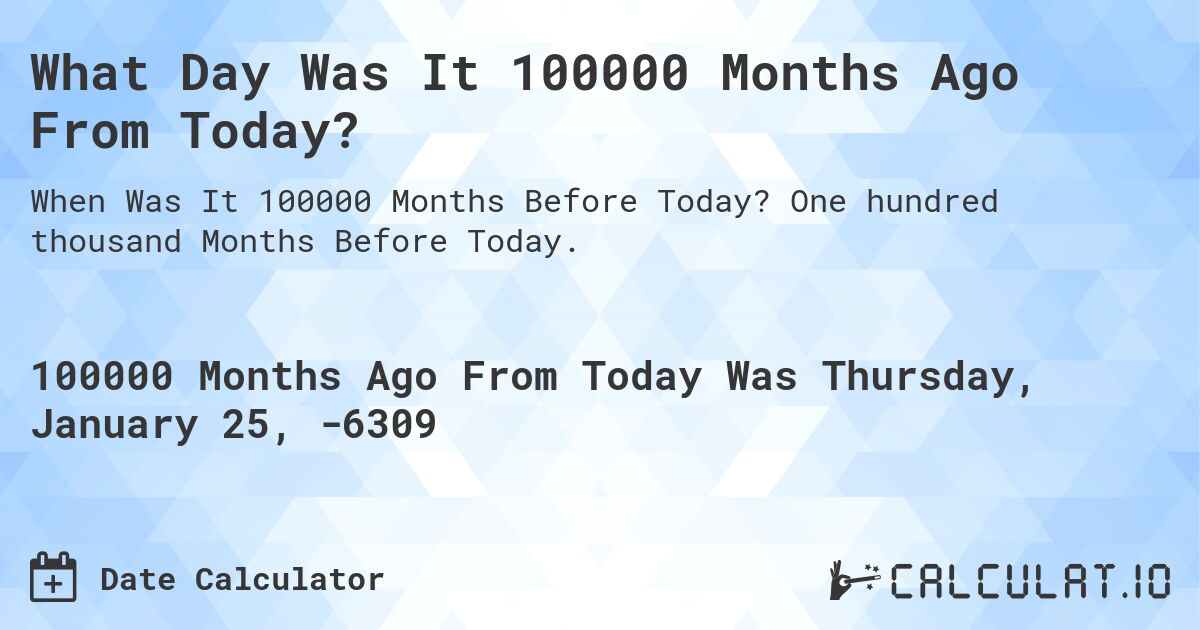 What Day Was It 100000 Months Ago From Today?. One hundred thousand Months Before Today.