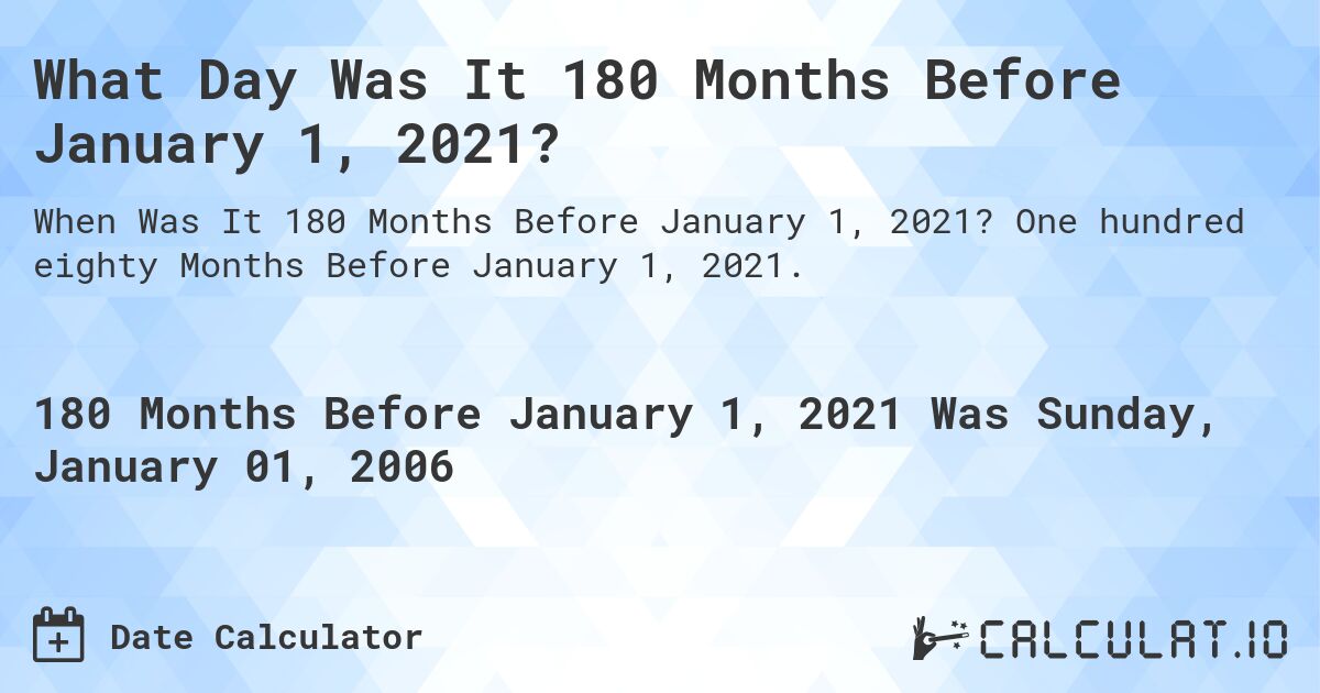What Day Was It 180 Months Before January 1, 2021?. One hundred eighty Months Before January 1, 2021.