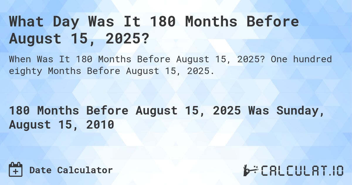 What Day Was It 180 Months Before August 15, 2025?. One hundred eighty Months Before August 15, 2025.