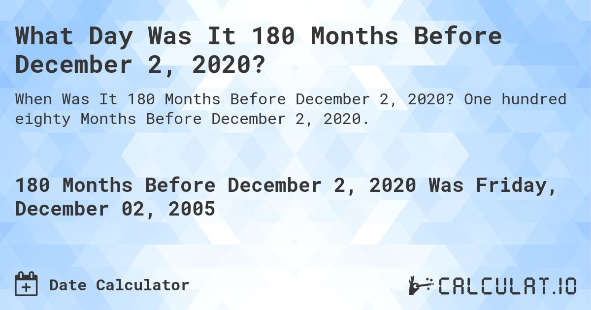 What Day Was It 180 Months Before December 2, 2020?. One hundred eighty Months Before December 2, 2020.
