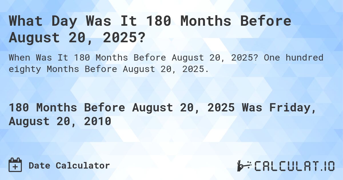 What Day Was It 180 Months Before August 20, 2025?. One hundred eighty Months Before August 20, 2025.