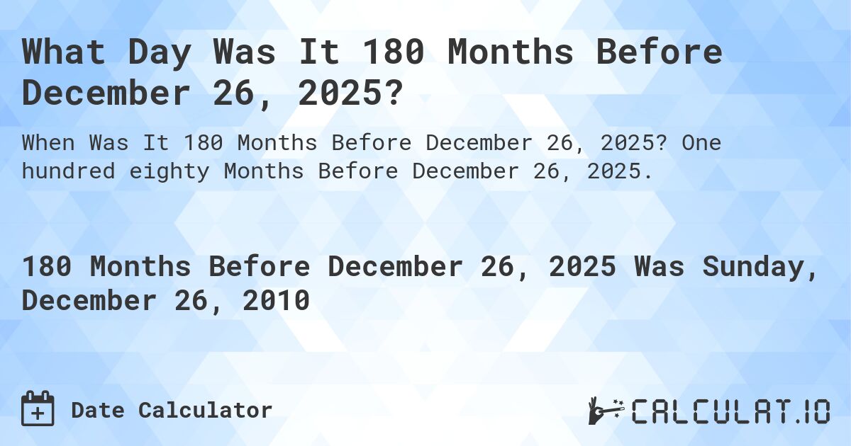 What Day Was It 180 Months Before December 26, 2025?. One hundred eighty Months Before December 26, 2025.