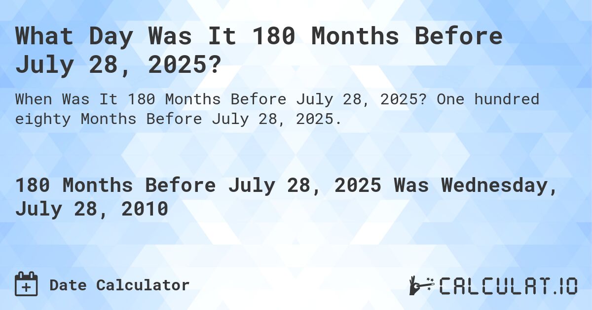 What Day Was It 180 Months Before July 28, 2025?. One hundred eighty Months Before July 28, 2025.