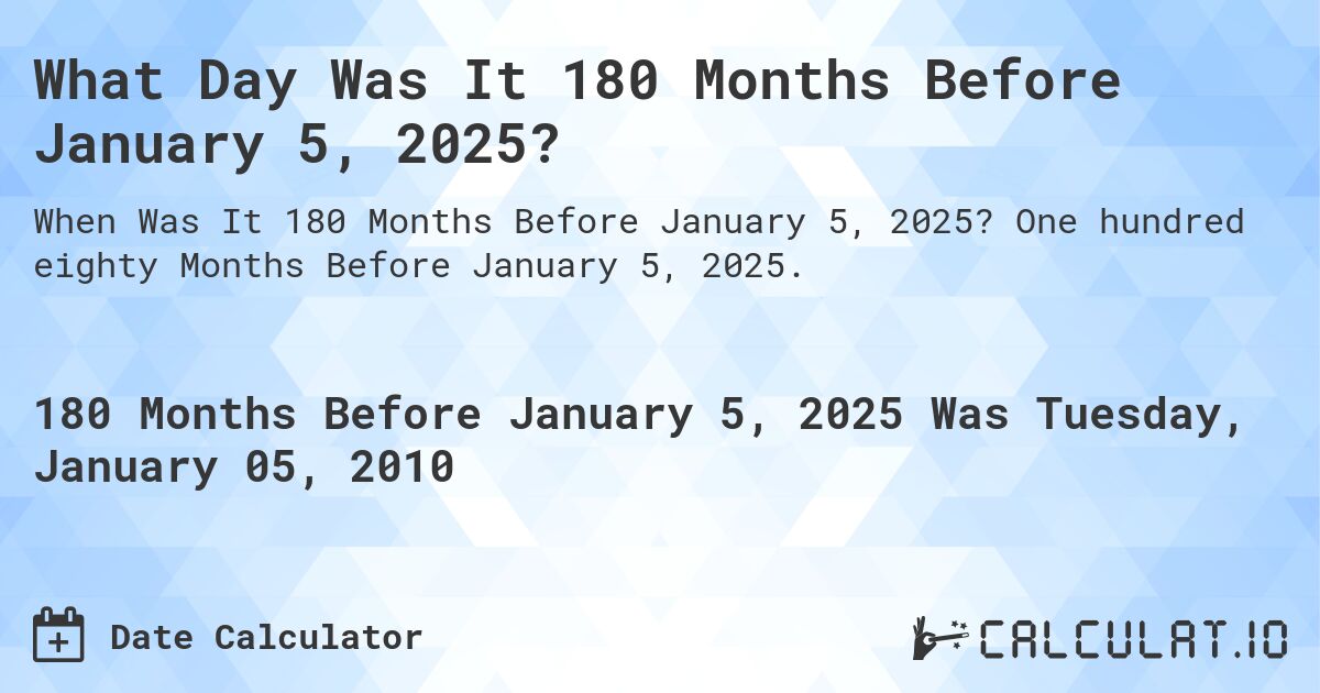 What Day Was It 180 Months Before January 5, 2025?. One hundred eighty Months Before January 5, 2025.