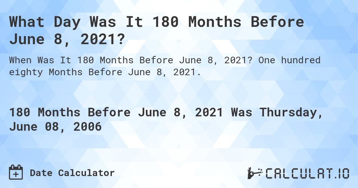 What Day Was It 180 Months Before June 8, 2021?. One hundred eighty Months Before June 8, 2021.
