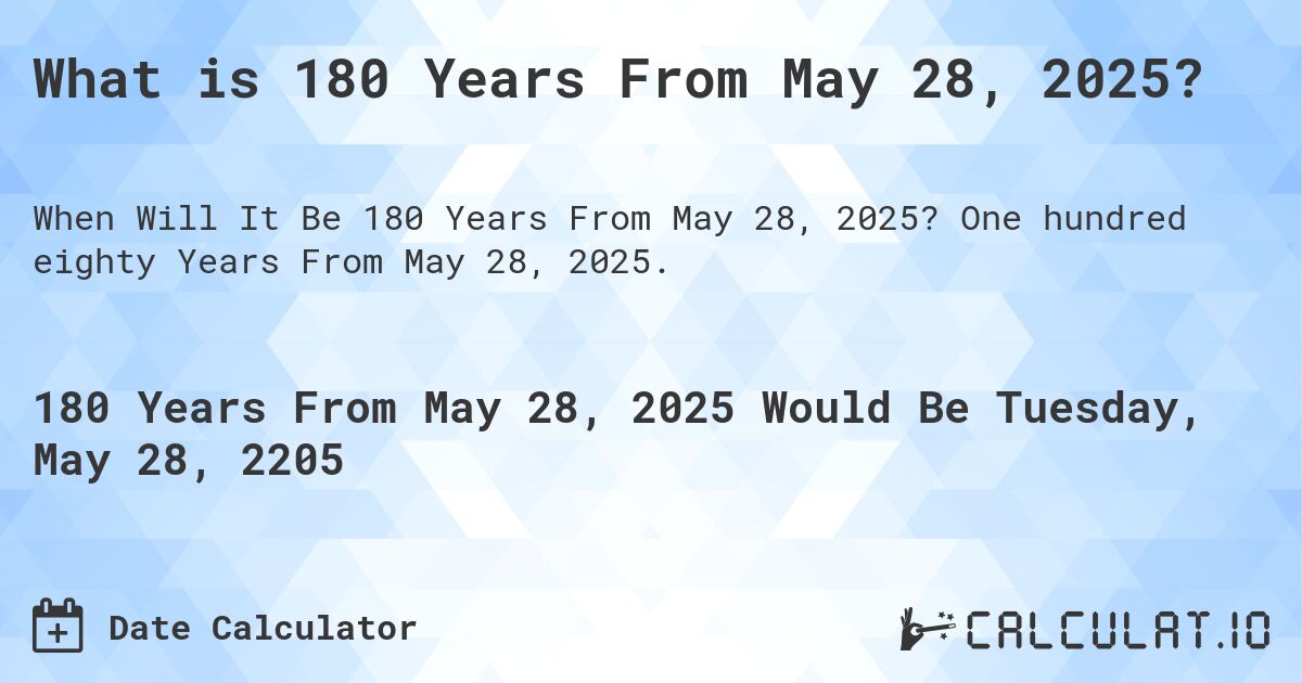 What is 180 Years From May 28, 2025?. One hundred eighty Years From May 28, 2025.