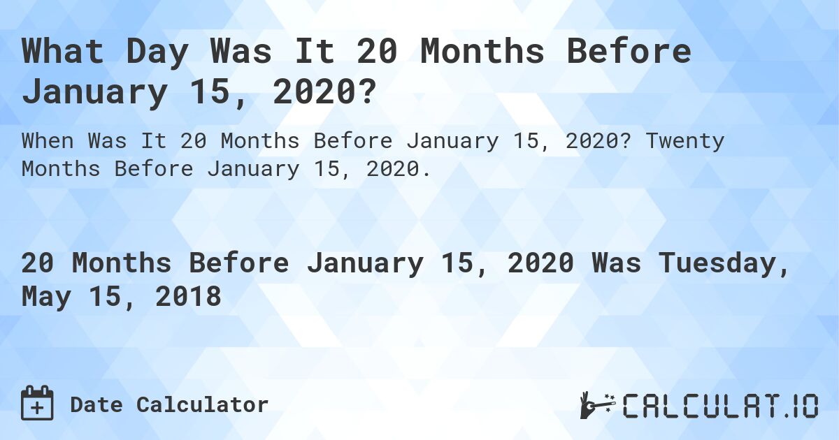 What Day Was It 20 Months Before January 15, 2020?. Twenty Months Before January 15, 2020.