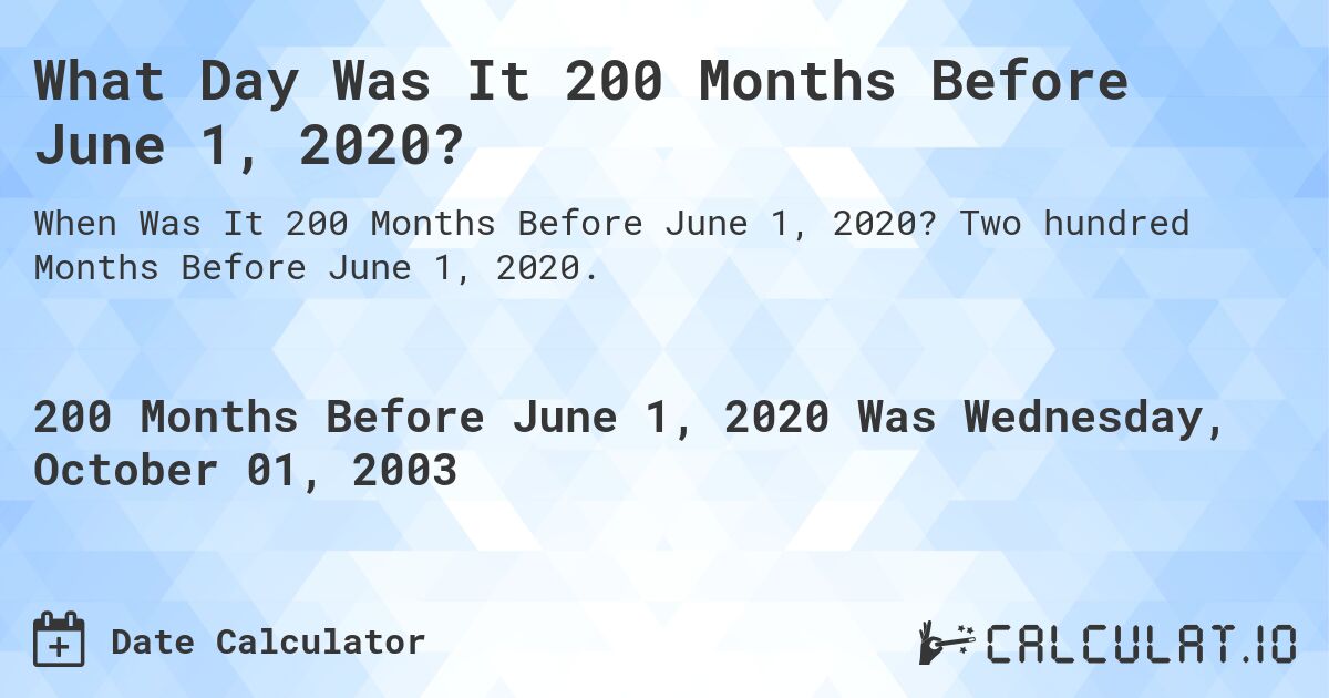 What Day Was It 200 Months Before June 1, 2020?. Two hundred Months Before June 1, 2020.