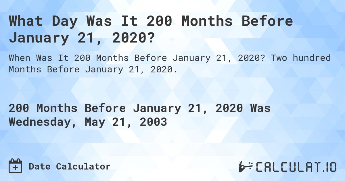 What Day Was It 200 Months Before January 21, 2020?. Two hundred Months Before January 21, 2020.