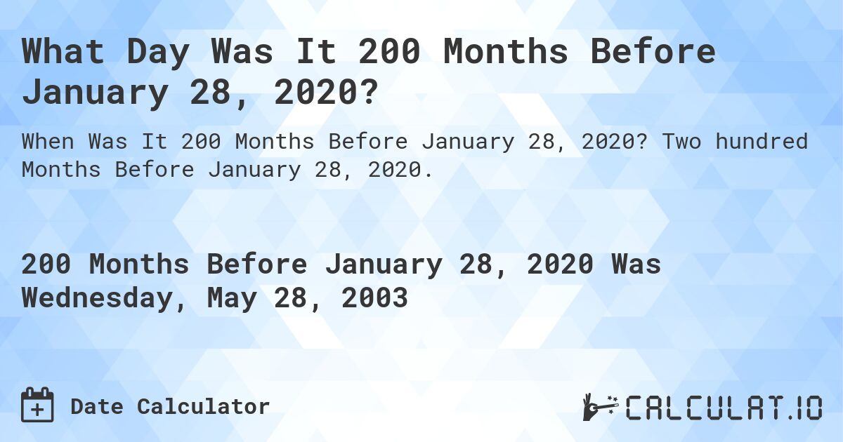 What Day Was It 200 Months Before January 28, 2020?. Two hundred Months Before January 28, 2020.