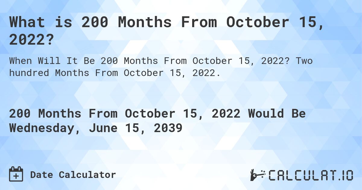 What is 200 Months From October 15, 2022?. Two hundred Months From October 15, 2022.