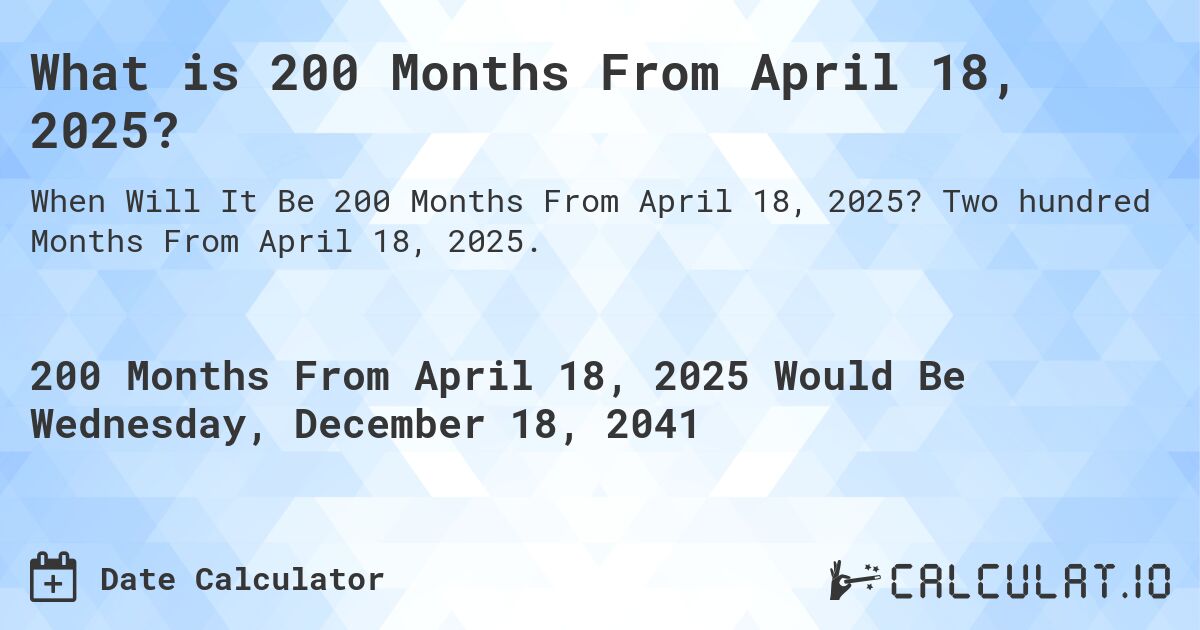 What is 200 Months From April 18, 2025?. Two hundred Months From April 18, 2025.