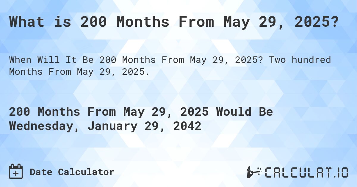 What is 200 Months From May 29, 2025?. Two hundred Months From May 29, 2025.
