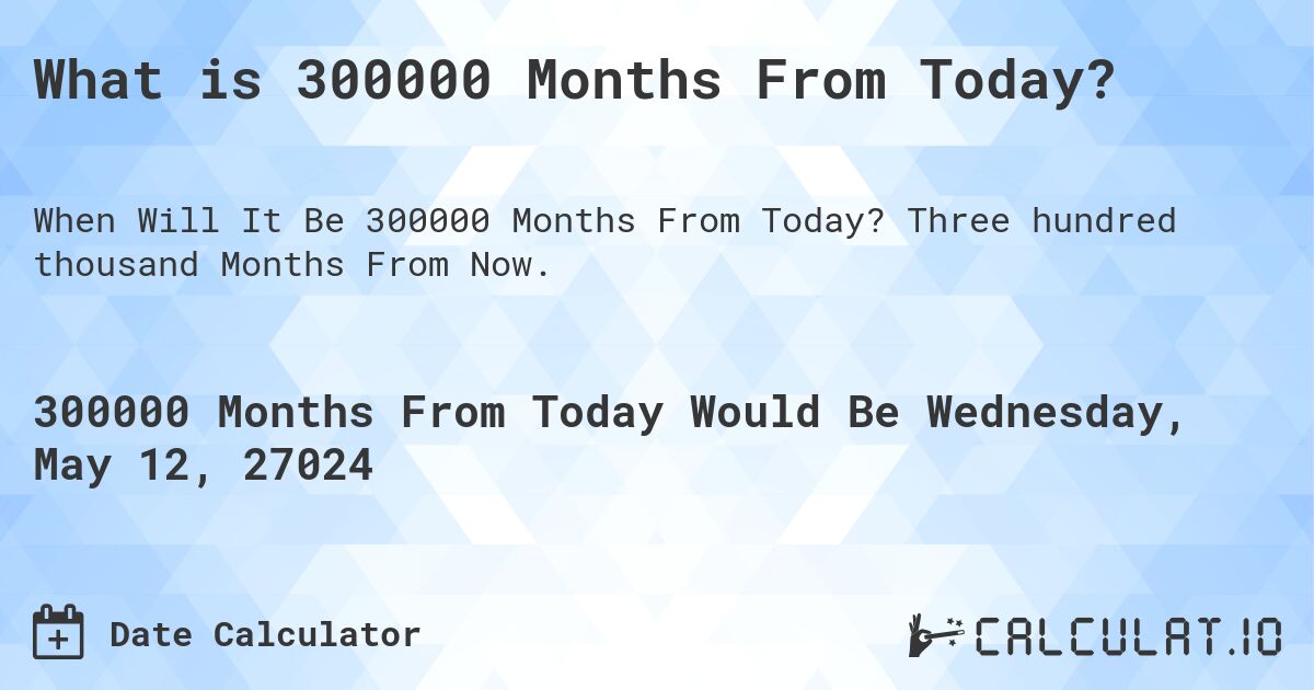 What is 300000 Months From Today?. Three hundred thousand Months From Now.