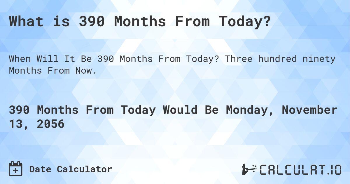 What is 390 Months From Today?. Three hundred ninety Months From Now.