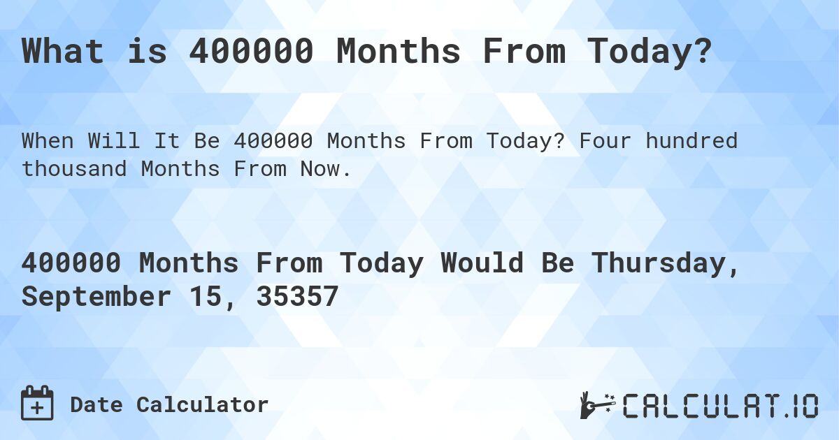 What is 400000 Months From Today?. Four hundred thousand Months From Now.