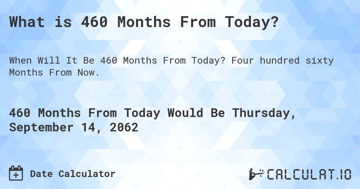 What is 460 Months From Today?. Four hundred sixty Months From Now.
