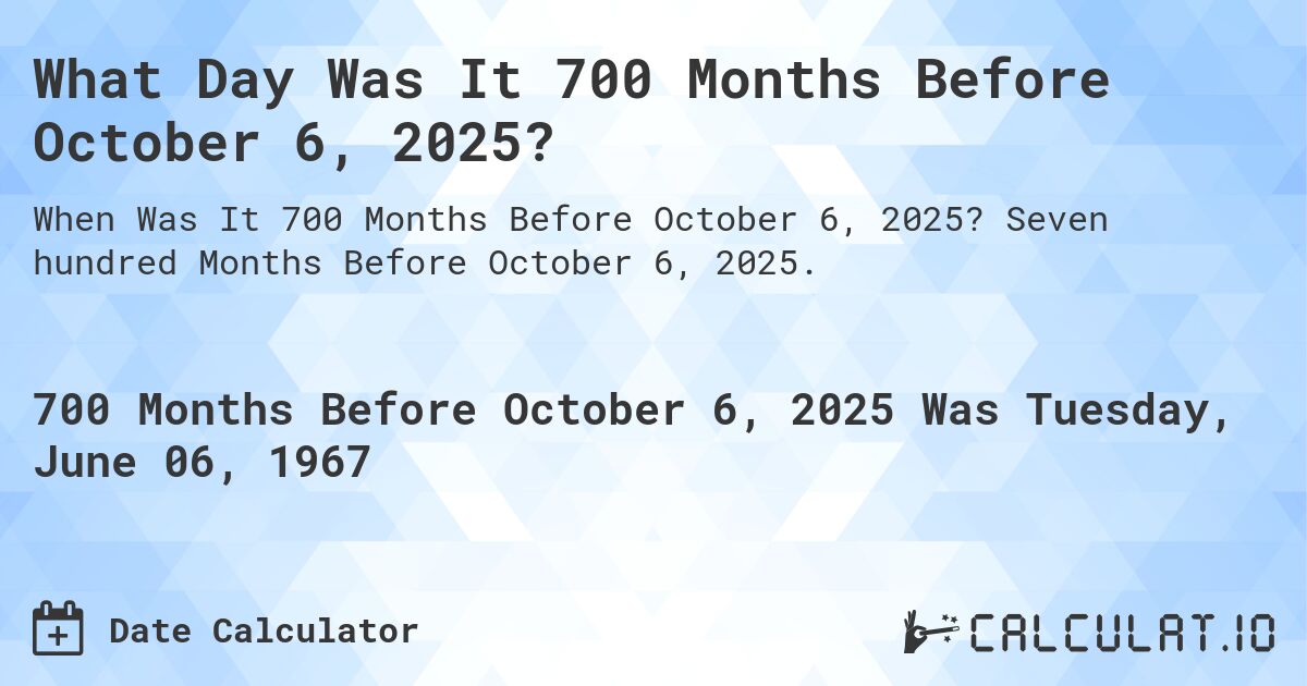What Day Was It 700 Months Before October 6, 2025?. Seven hundred Months Before October 6, 2025.