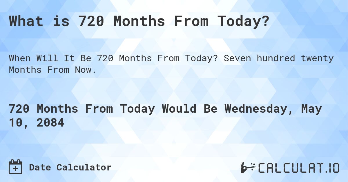 What is 720 Months From Today?. Seven hundred twenty Months From Now.