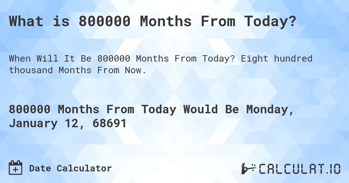What is 800000 Months From Today?. Eight hundred thousand Months From Now.