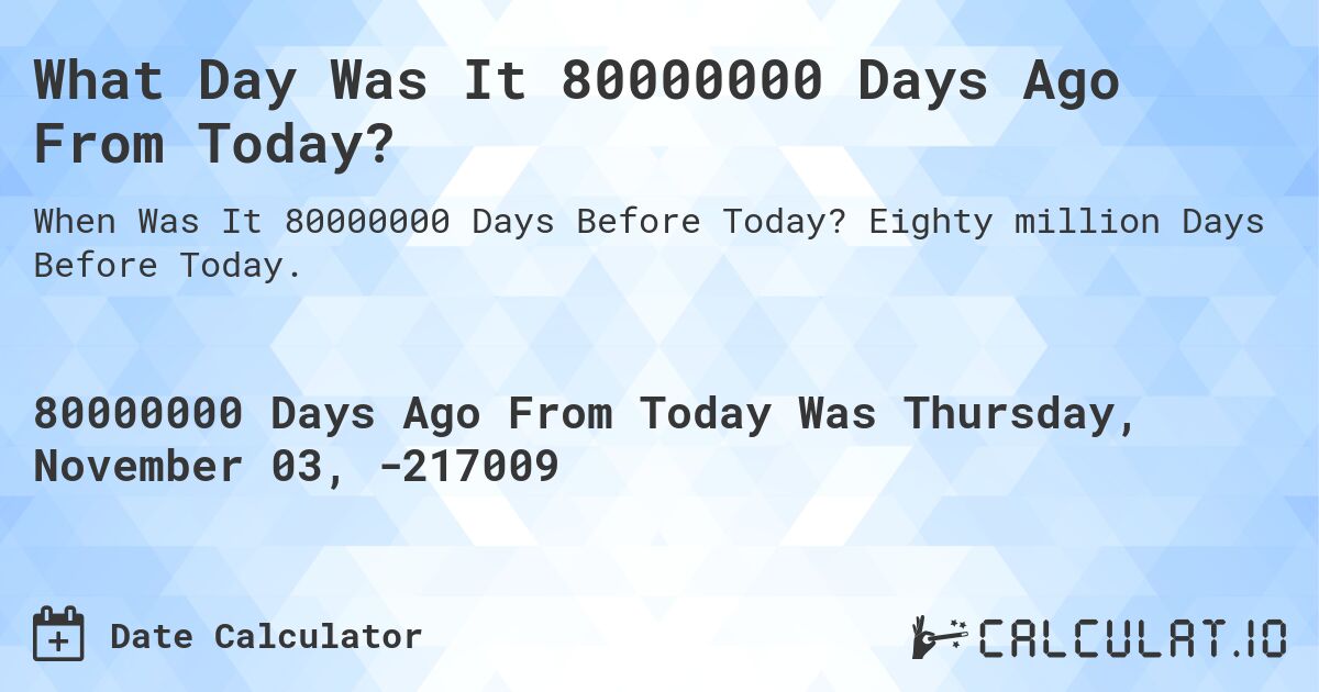 What Day Was It 80000000 Days Ago From Today?. Eighty million Days Before Today.