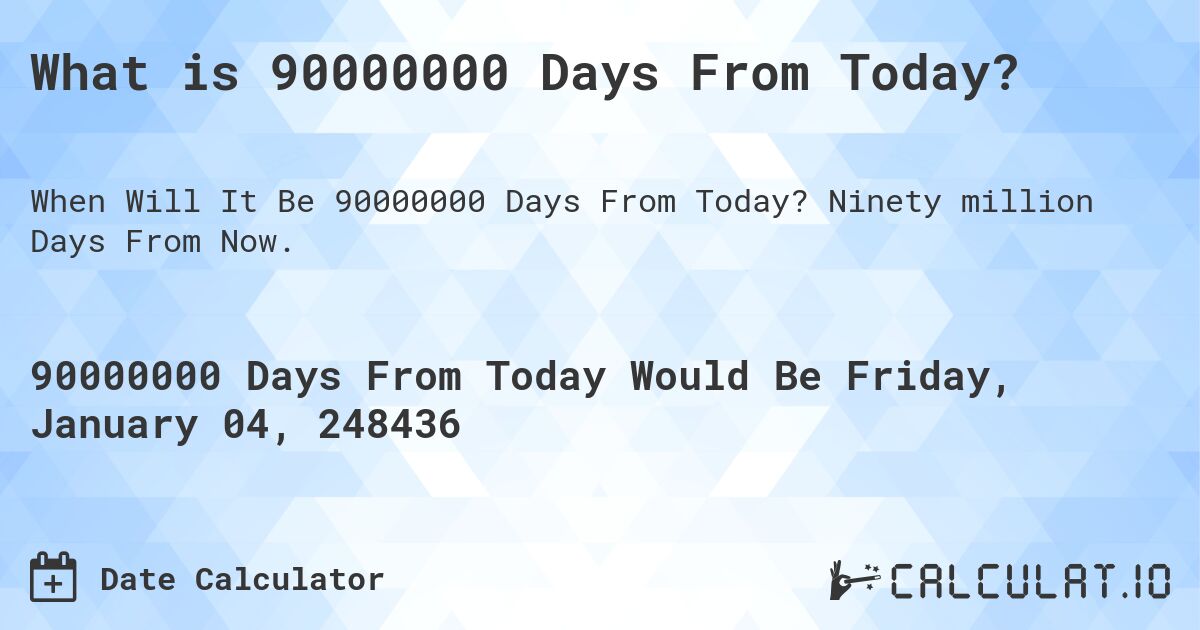 What is 90000000 Days From Today?. Ninety million Days From Now.