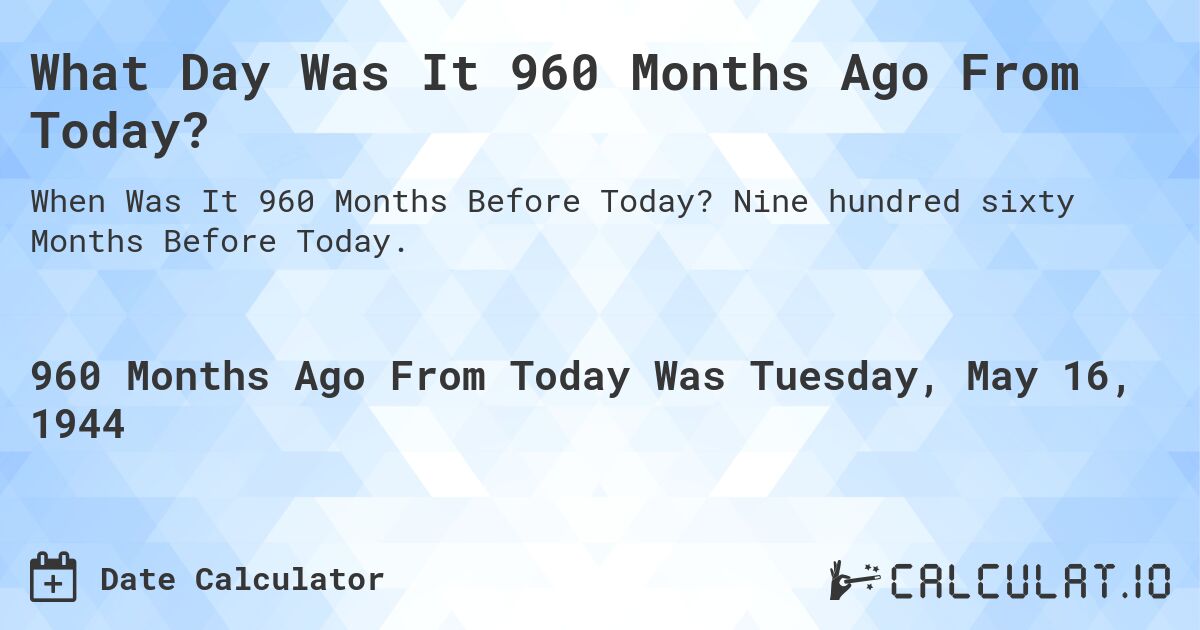 What Day Was It 960 Months Ago From Today?. Nine hundred sixty Months Before Today.