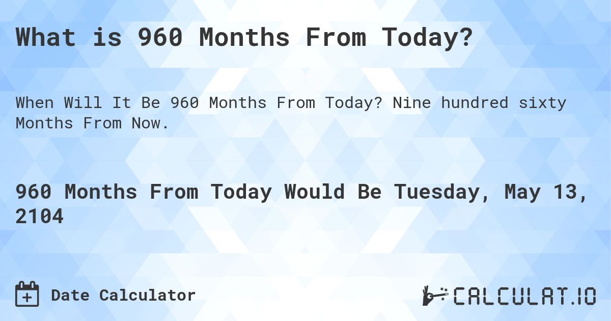 What is 960 Months From Today?. Nine hundred sixty Months From Now.