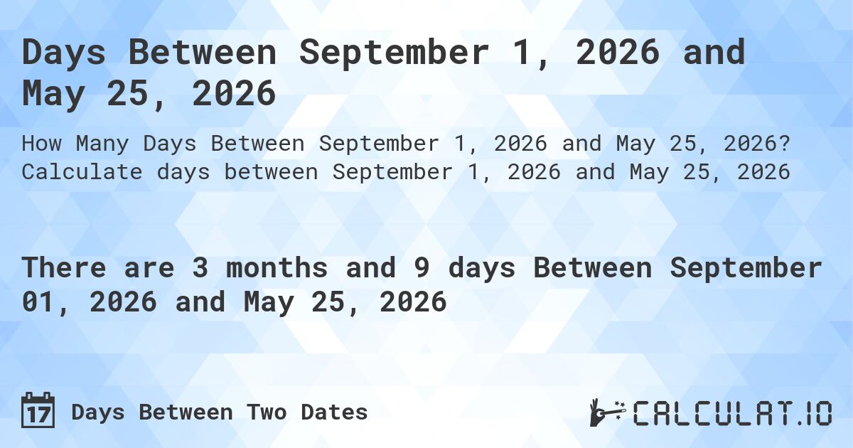 Days Between September 1, 2026 and May 25, 2026. Calculate days between September 1, 2026 and May 25, 2026