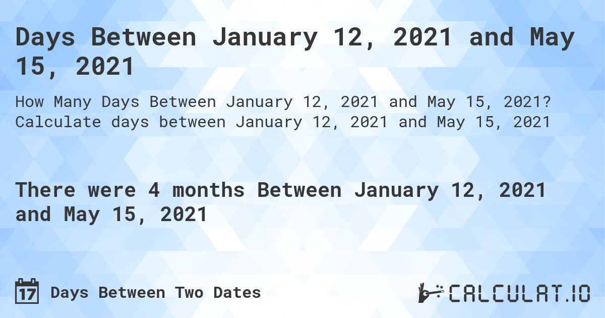 Days Between January 12, 2021 and May 15, 2021. Calculate days between January 12, 2021 and May 15, 2021