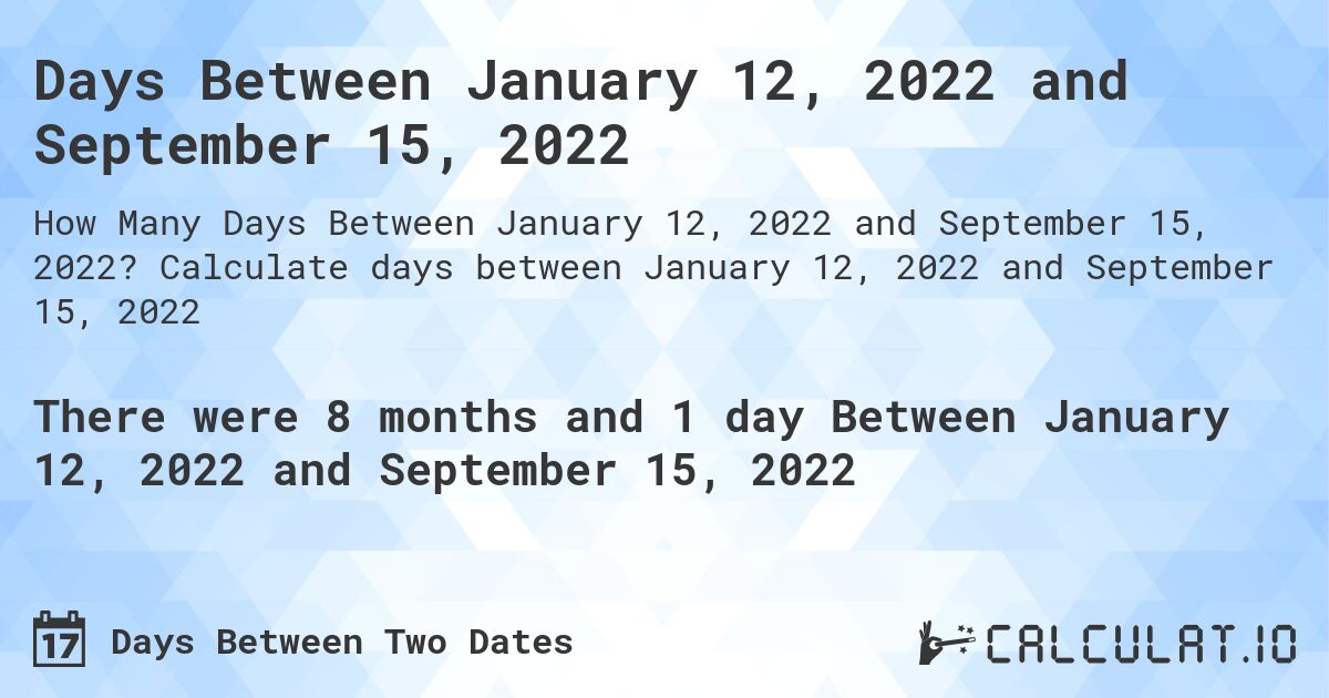 Days Between January 12, 2022 and September 15, 2022. Calculate days between January 12, 2022 and September 15, 2022