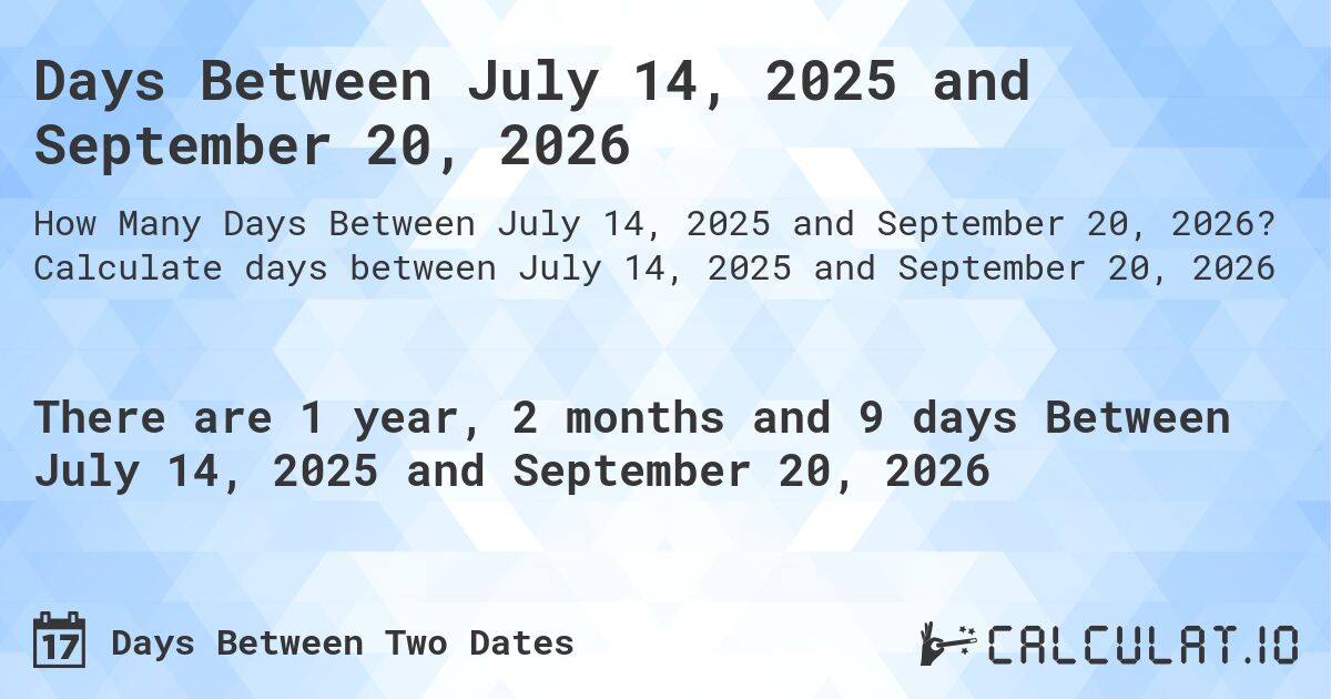 Days Between July 14, 2025 and September 20, 2026. Calculate days between July 14, 2025 and September 20, 2026