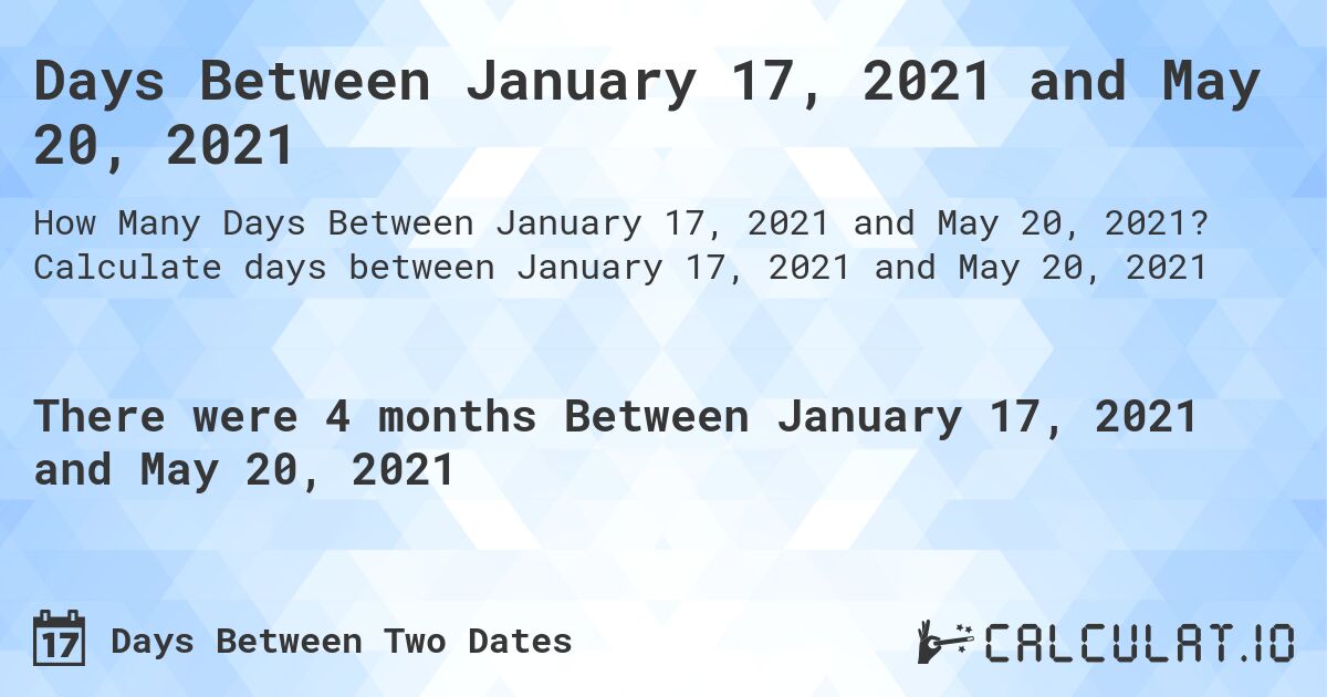 Days Between January 17, 2021 and May 20, 2021. Calculate days between January 17, 2021 and May 20, 2021