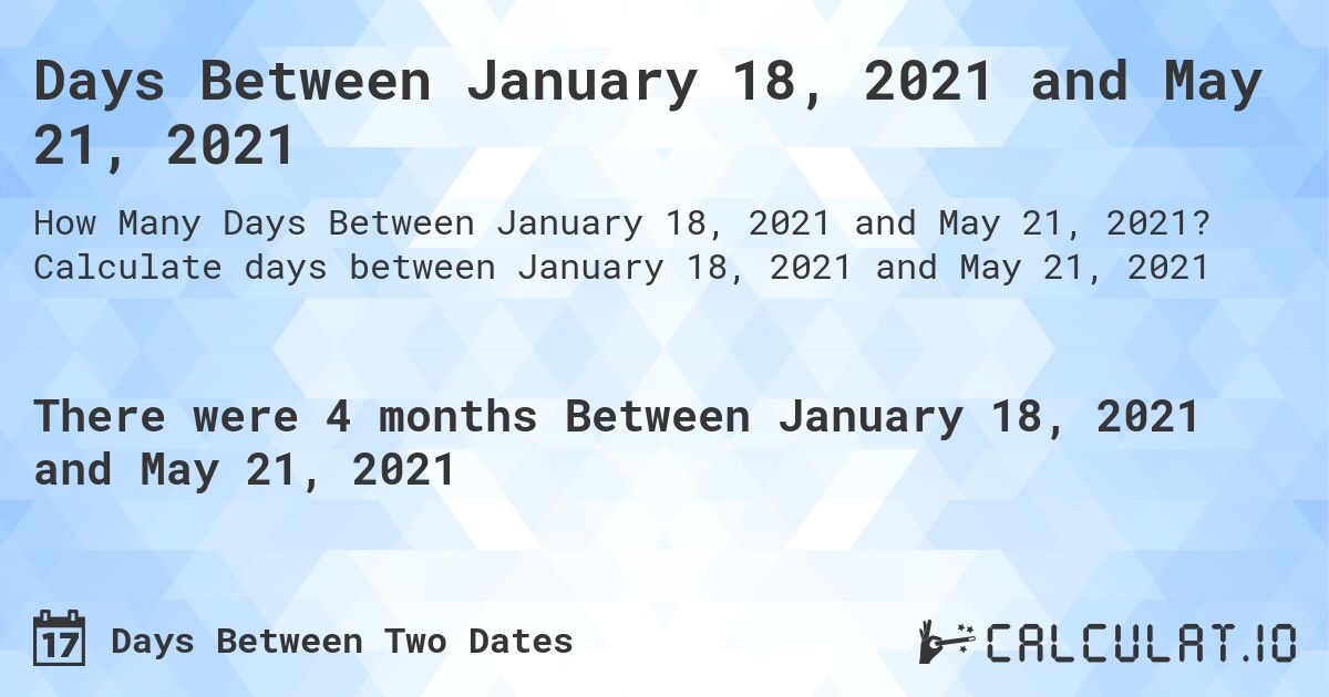 Days Between January 18, 2021 and May 21, 2021. Calculate days between January 18, 2021 and May 21, 2021