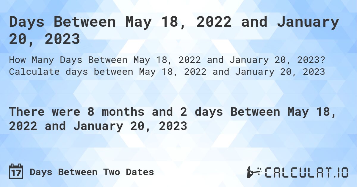 Days Between May 18, 2022 and January 20, 2023. Calculate days between May 18, 2022 and January 20, 2023