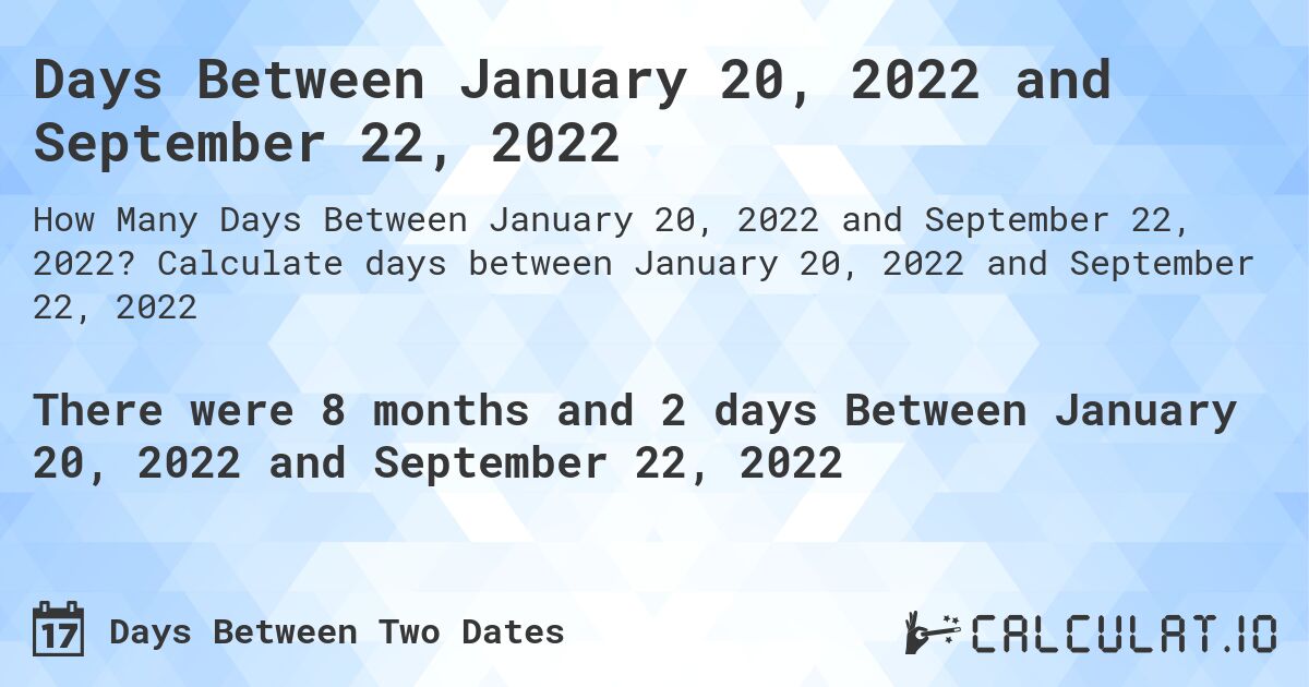 Days Between January 20, 2022 and September 22, 2022. Calculate days between January 20, 2022 and September 22, 2022