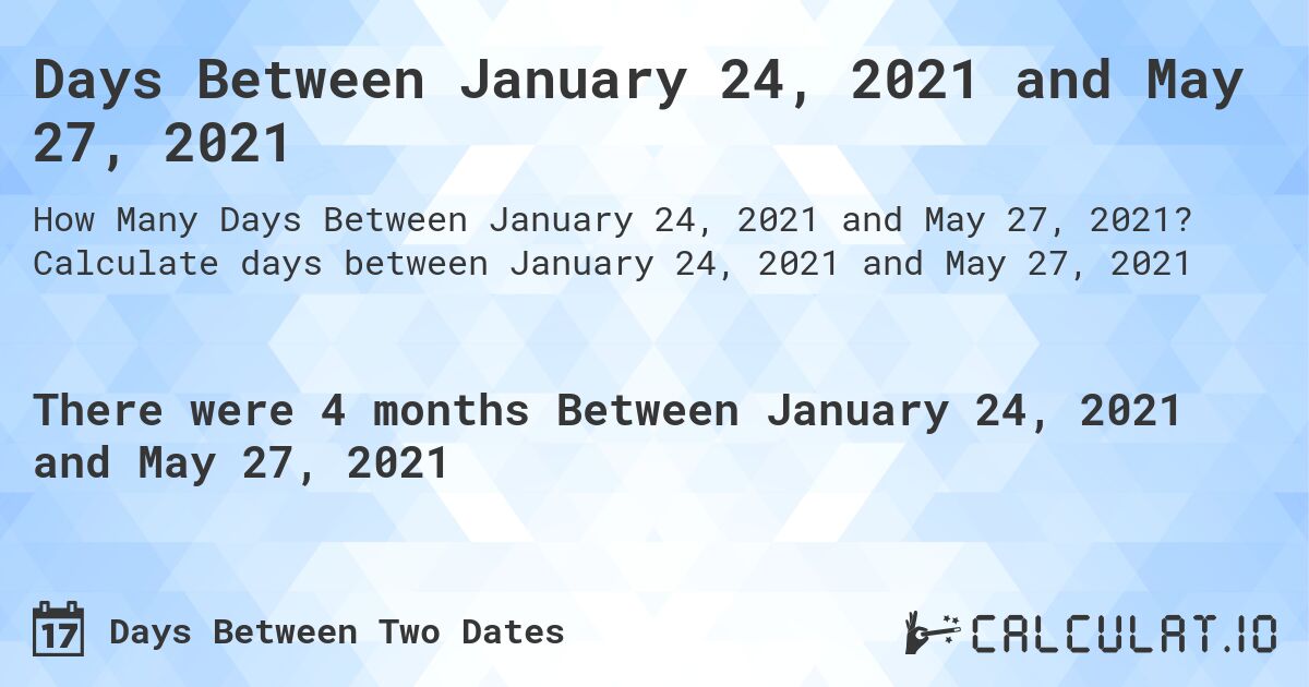 Days Between January 24, 2021 and May 27, 2021. Calculate days between January 24, 2021 and May 27, 2021