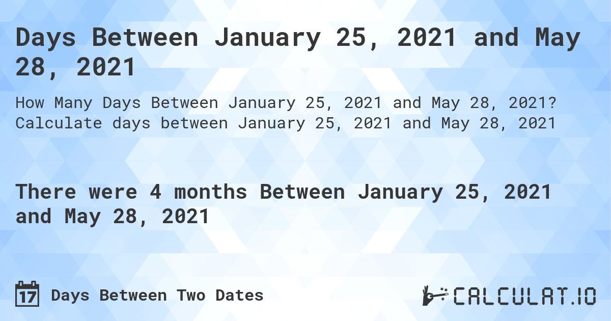 Days Between January 25, 2021 and May 28, 2021. Calculate days between January 25, 2021 and May 28, 2021