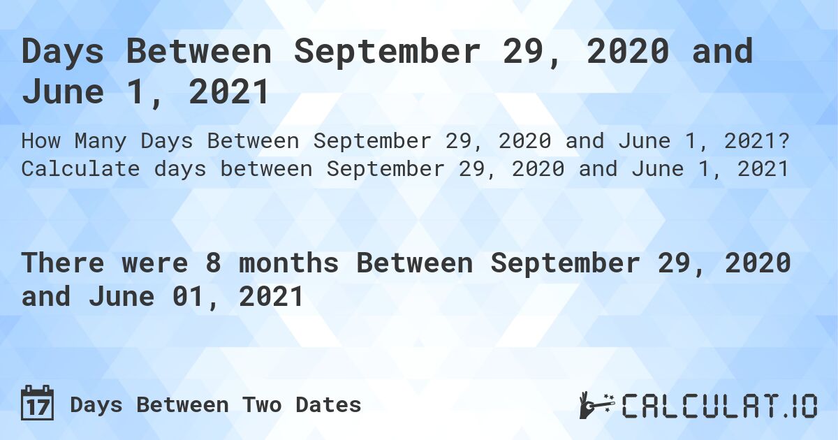 Days Between September 29, 2020 and June 1, 2021. Calculate days between September 29, 2020 and June 1, 2021