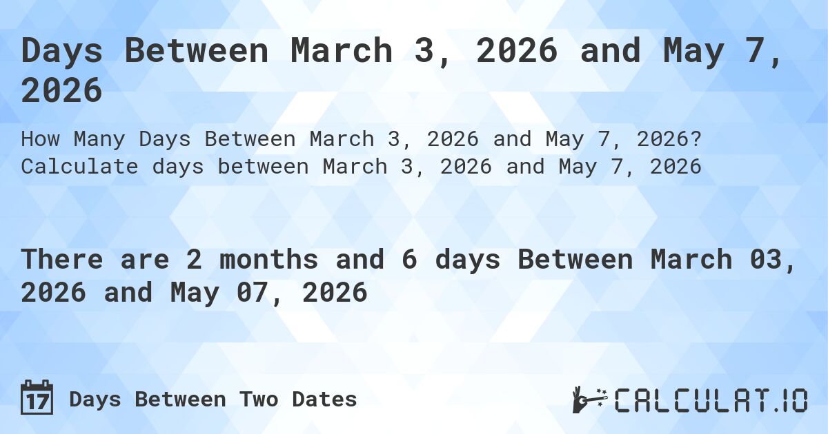 Days Between March 3, 2026 and May 7, 2026. Calculate days between March 3, 2026 and May 7, 2026