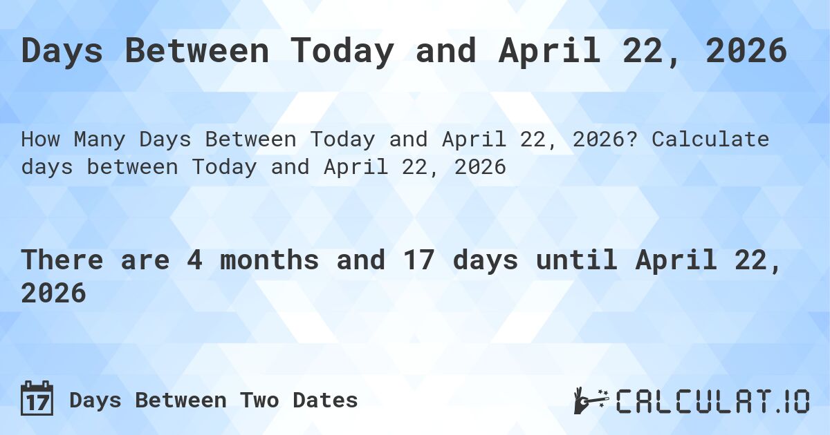 Days Between Today and April 22, 2026. Calculate days between Today and April 22, 2026