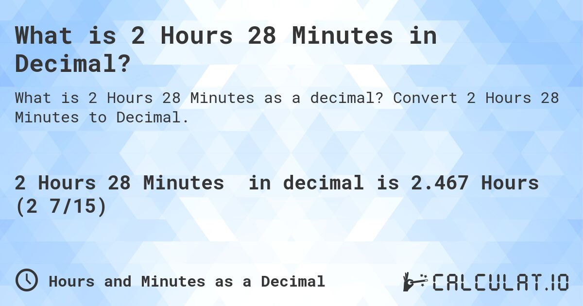 What is 2 Hours 28 Minutes in Decimal?. Convert 2 Hours 28 Minutes to Decimal.