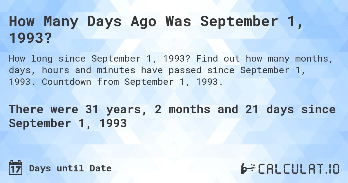 How Many Days Ago Was September 1, 1993?. Find out how many months, days, hours and minutes have passed since September 1, 1993. Countdown from September 1, 1993.