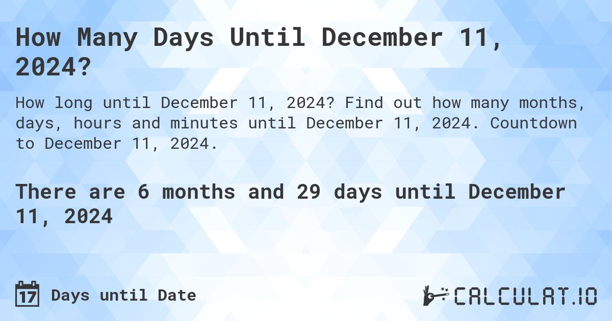 How Many Days Until December 11, 2024?. Find out how many months, days, hours and minutes until December 11, 2024. Countdown to December 11, 2024.