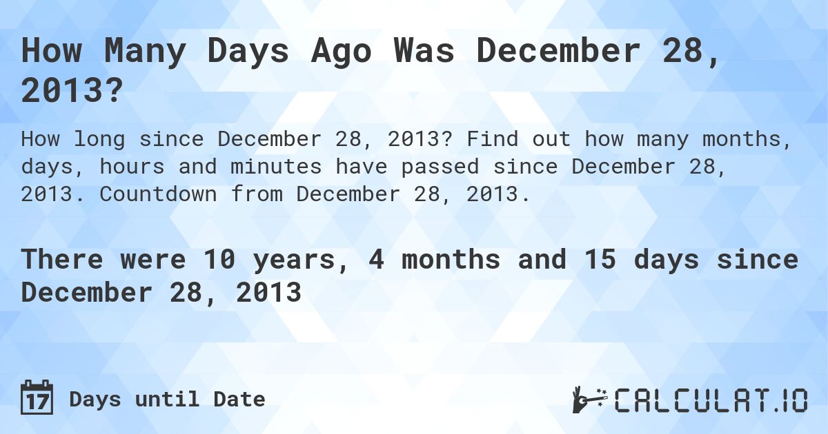 How Many Days Ago Was December 28, 2013?. Find out how many months, days, hours and minutes have passed since December 28, 2013. Countdown from December 28, 2013.